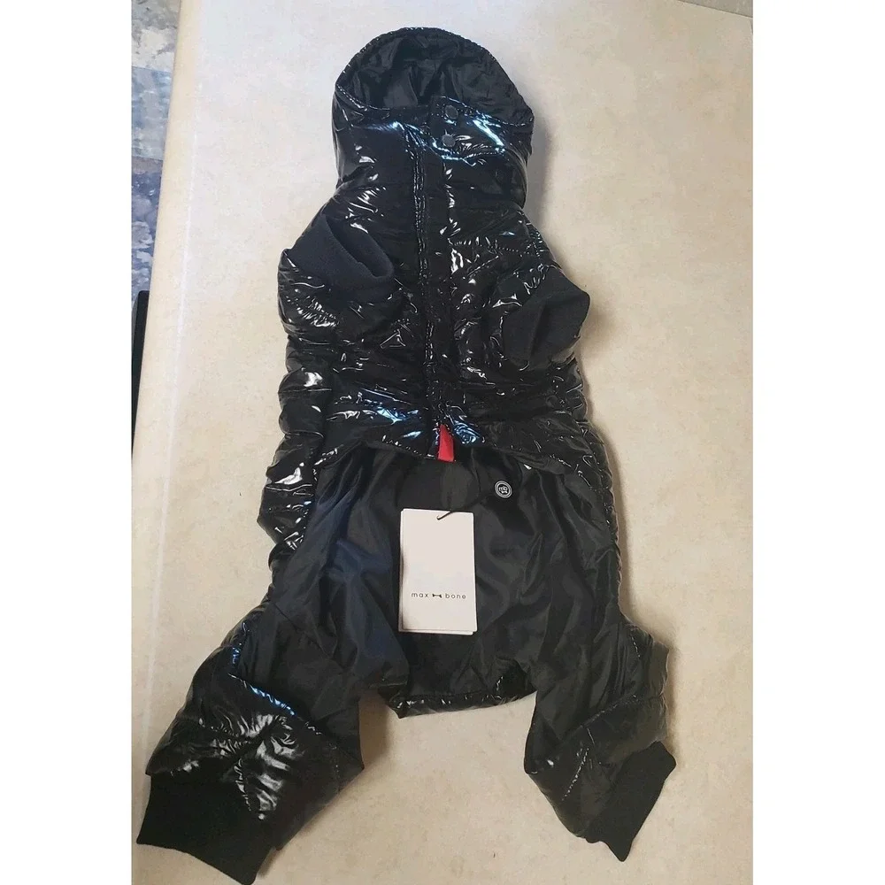 Maxbone Dog Black Lu Ski Suit Size Medium Puffer Glossy Black Removed Hood Snap‎